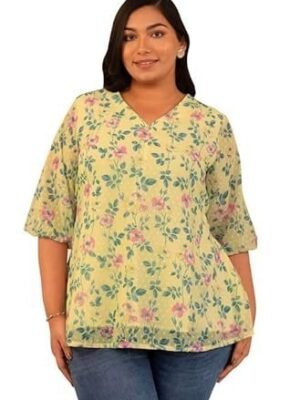 Janasya Women's Plus Size White Dobby Georgette Floral Panelled Top