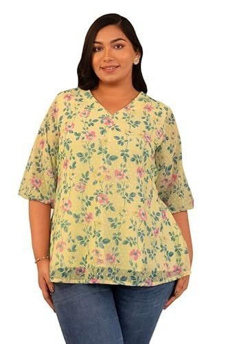 Janasya Women's Plus Size White Dobby Georgette Floral Panelled Top