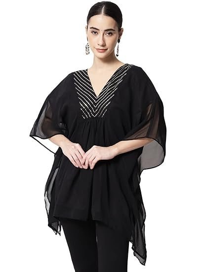studio rasa Women's Georgette Sequin Embroidered Yoke Kaftan for Festive Wedding Party