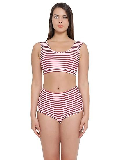 Clovia Women's Striped Padded Tank Top with High Waist Bottom Swimsuit