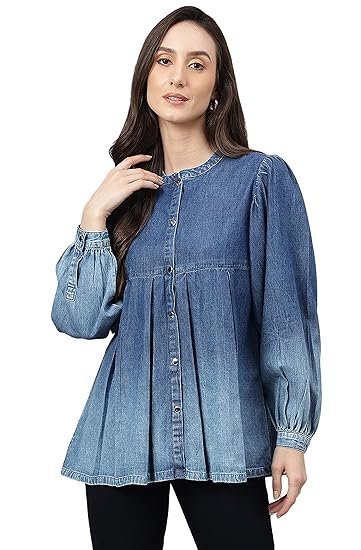 Janasya Women's Blue Denim Faded Flared Top